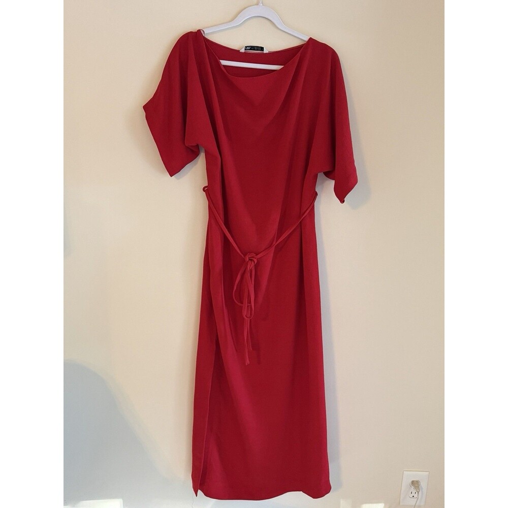Zara Womens L Red Midi Dress Batwing Dolman Sleeve Tie Waist Side Slit